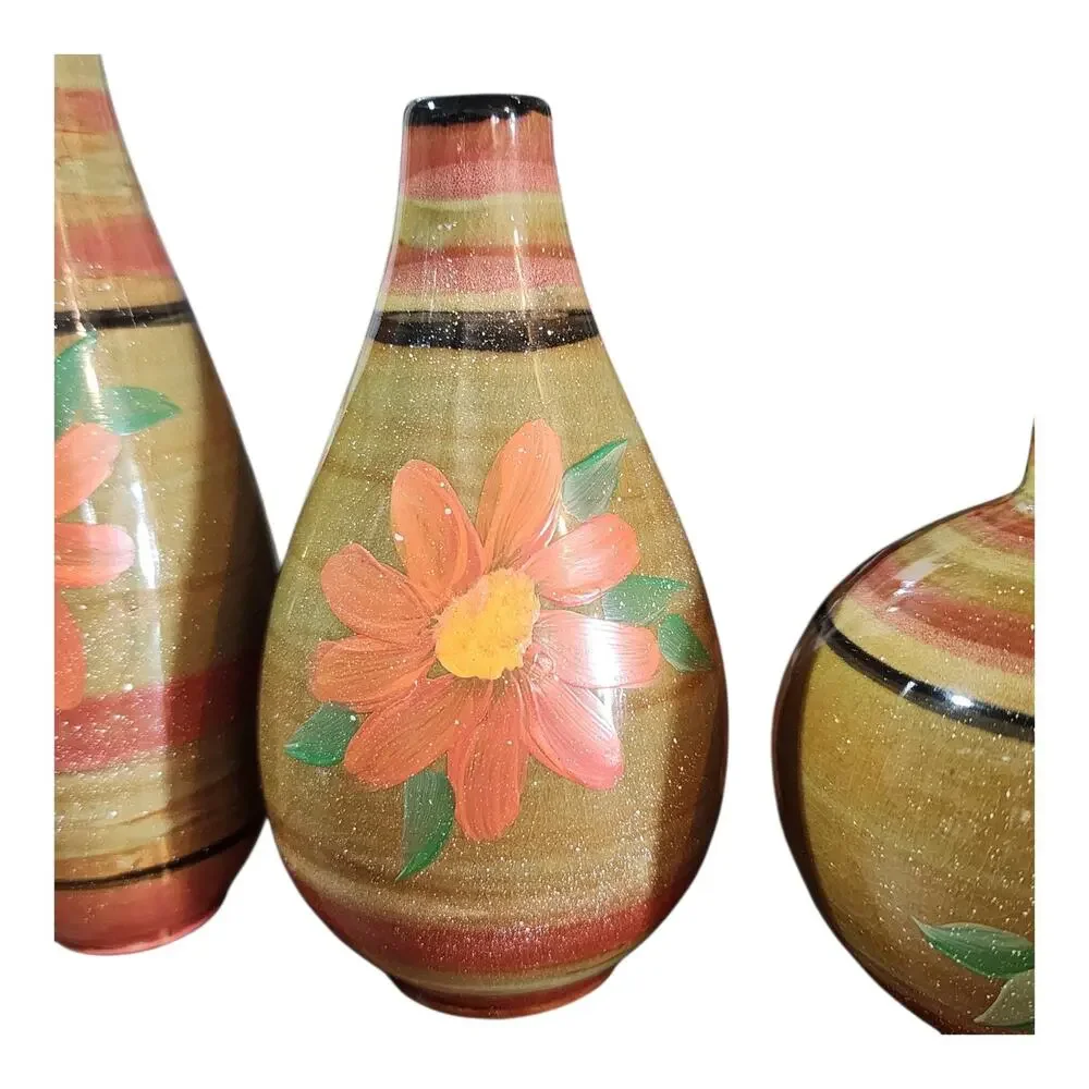 Small Ceramic Vase Set of 3 with Hand painted Floral Designs and Glazed Finish